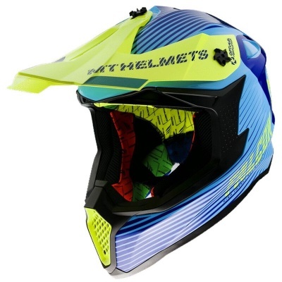 Capacete de motocross azul, preto e amarelo fluorescente com interior acolchoado e visor ajustável.