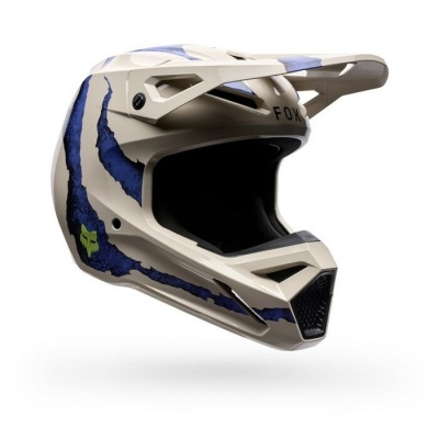 Capacete integral bege com detalhes azuis e logótipo verde FOX