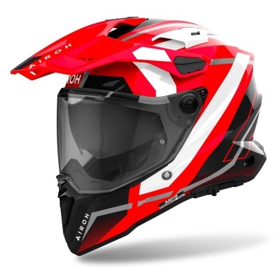 Capacete integral vermelho, branco e preto com viseira transparente e texto AIROH