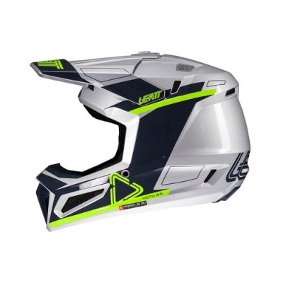 Capacete motocross branco e azul escuro com detalhes verdes fluorescentes e textos Leatt