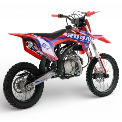 Motocross vermelha, azul e branca com número 27 e texto ROAN RACING