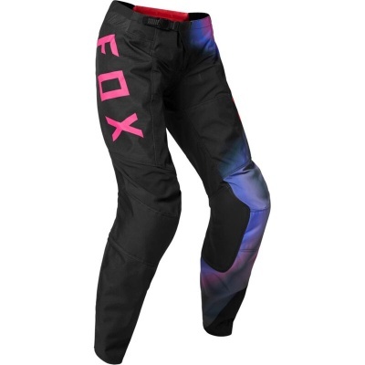 Calças pretas de motocross com texto FOX rosa e padrão azul e roxo