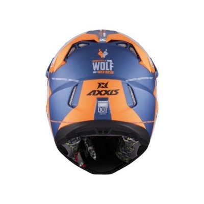 Capacete integral azul e laranja com texto WOLF WILD CHASER e AXXIS
