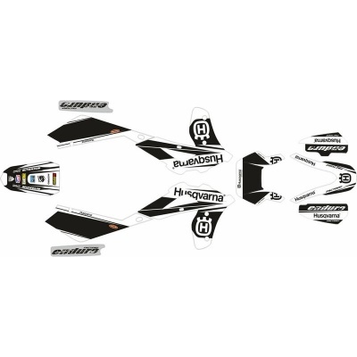 Conjunto de autocolantes para mota Husqvarna em preto e branco com logótipos e textos