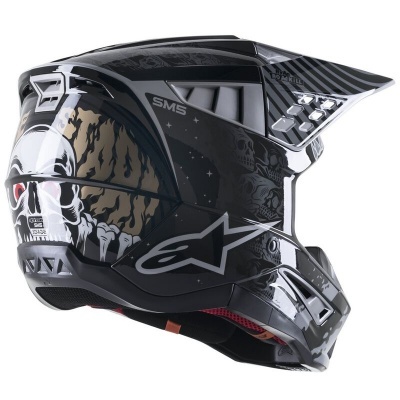 capacete integral motocross preto com caveiras e logo alpinestars