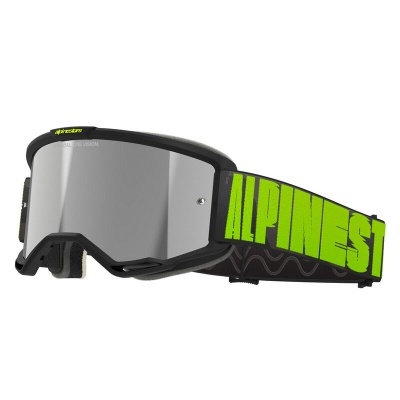 Máscara de proteção preta com lente espelhada e fita elástica preta com texto verde ALPINESTARS