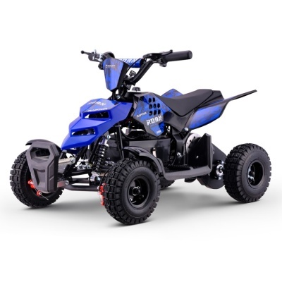 Quadriciclo infantil azul e preto com pneus grossos e farol dianteiro