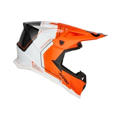 Capacete de motocross laranja, branco e preto com texto e viseira