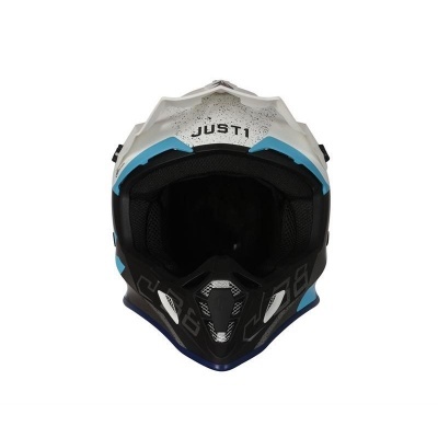Capacete de motocrosse preto, branco e azul com texto JUST1
