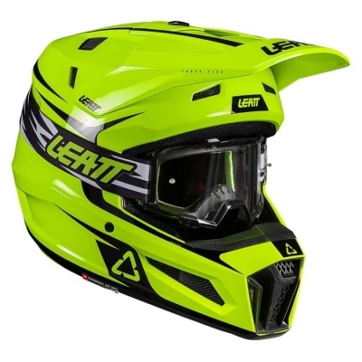 Capacete de motocross verde fluorescente com visor transparente e texto LEATT