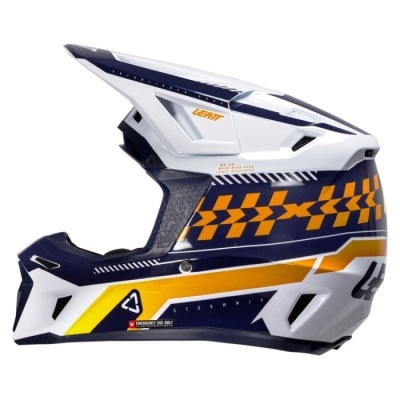 Capacete integral motocross branco com detalhes azuis, amarelos e padrão geométrico
