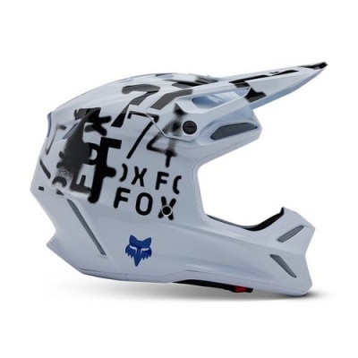 Capacete integral cinza claro com padrões pretos e símbolo azul Fox