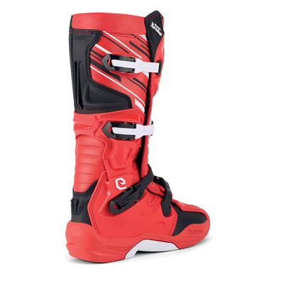 Bota vermelha para motocross com fivelas metálicas e detalhes em preto e branco