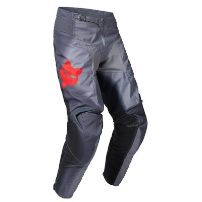 Calças motocross cinza e preto com detalhes vermelhos e reforço nos joelhos