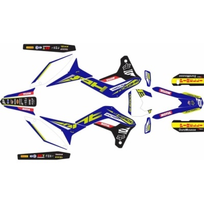 Autocolantes em vinil para mota com cores azul, amarelo, preto e branco e vários textos visíveis.