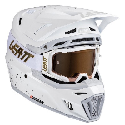 Capacete de motocross branco com óculos e detalhes dourados LEATT