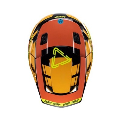 Capacete de proteção laranja, amarelo e preto com texto LEATT na borda