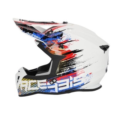 Capacete integral branco com padrões azuis, vermelhos, pretos e amarelos e texto ACERBIS