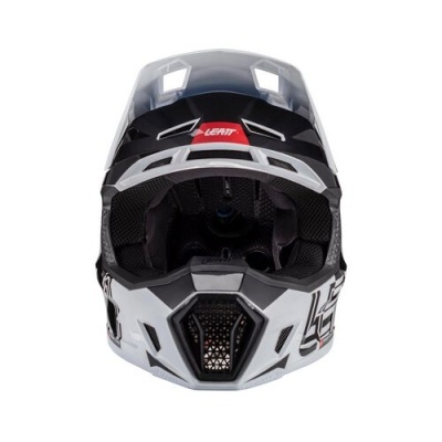 Capacete de motocross branco, preto e cinzento com visor e interior acolchoado
