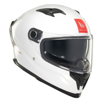 Capacete integral de mota branco com viseira negra e logótipo vermelho