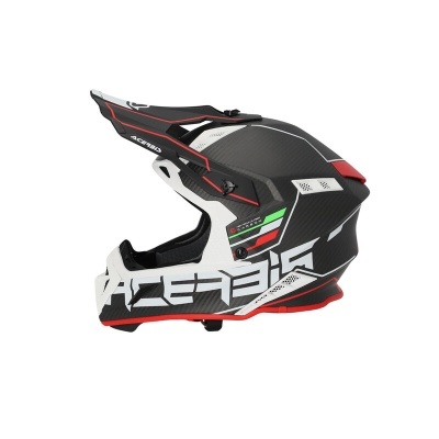 Capacete integral preto, branco e vermelho com texto ACERBIS e detalhes em verde, branco e vermelho