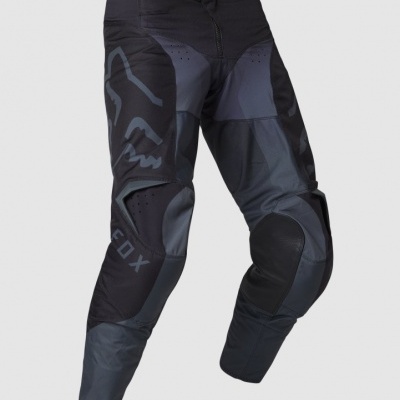 Calças de motocross pretas e cinzentas com logótipo FOX e reforços nos joelhos