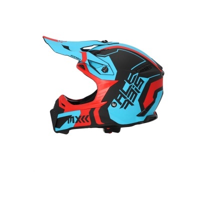 Capacete integral de motocross azul, preto e vermelho com texto Nine KSO e MX