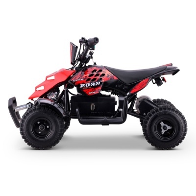 Mini quad elétrico vermelho e preto para crianças com pneus grossos e assento preto.