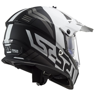 Capacete integral LS2 preto, branco e cinzento com padrão geométrico e viseira transparente