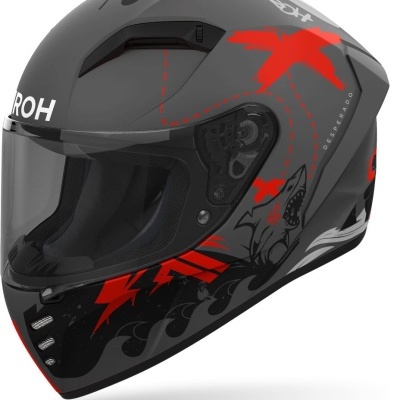 Capacete de motocicleta cinza escuro com gráficos vermelhos e pretos