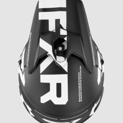 Capacete integral preto e branco com texto 