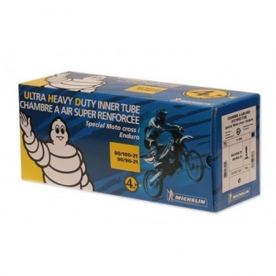 Caixa de câmara de ar interior para motos da Michelin azul e amarela com texto e imagens de motociclista e personagem Michelin