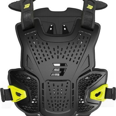 Colete protetor preto com detalhes amarelos e alças ajustáveis