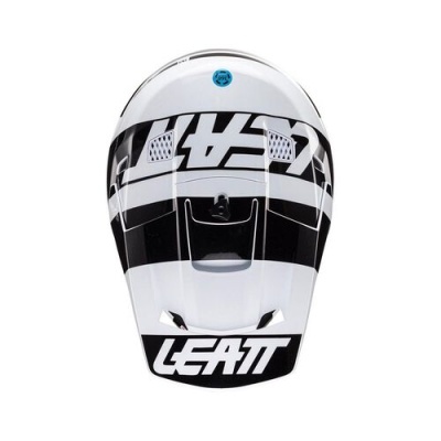 Capacete de motocross preto e branco com texto LEATT