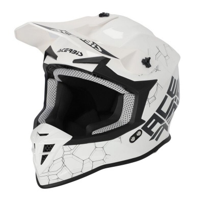 Capacete de motocross branco com padrões hexagonais e texto Acerbis