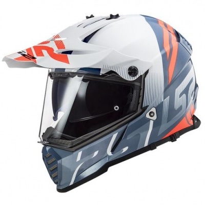 Capacete de motocross branco, azul e vermelho com viseira transparente