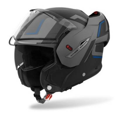 Capacete modular preto e cinza com detalhes azuis e viseira transparente
