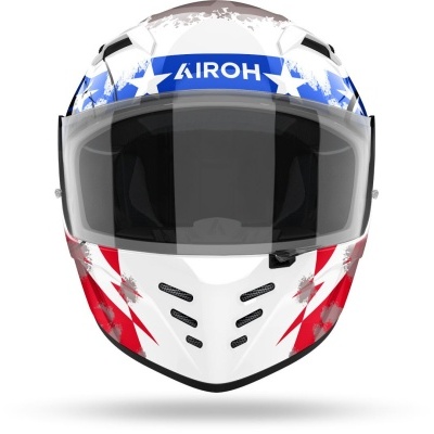 Capacete integral com design azul, branco, vermelho, estrelas e texto AIROH