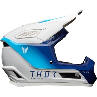 Capacete integral motocross azul, branco e cinza com texto THOR MX///DIV.01