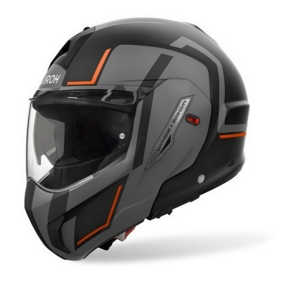 Capacete de motociclista preto e cinza com detalhes laranja e visor transparente