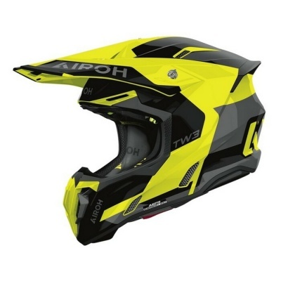 Capacete de motocross amarelo, preto e cinzento com inscrições AIROH, TW3 e ASFR