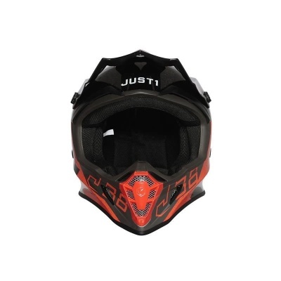 Capacete integral motocross preto e vermelho com texto JUST1