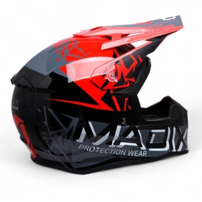 Capacete de motocross preto, vermelho e cinza com padrão geométrico e texto MADIX PROTECTION WEAR