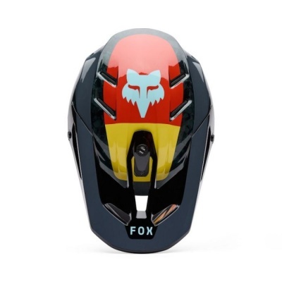 Capacete desportivo FOX preto, vermelho e amarelo com logótipo da raposa