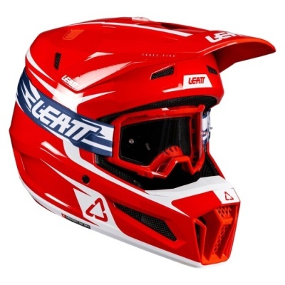 capacete integral vermelho e branco com óculos e faixa azul LEATT