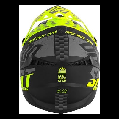 Capacete de motocross preto e amarelo com textos 'SHOT RACE GEAR' e 'NEVER BACK DOWN'