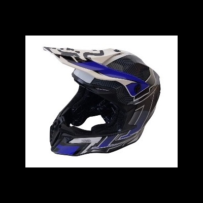 capacete motocross preto azul branco com padrão geométrico