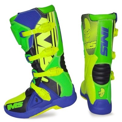 Botas motocross verde limão, azul e amarelo com fechos e logótipos TMS