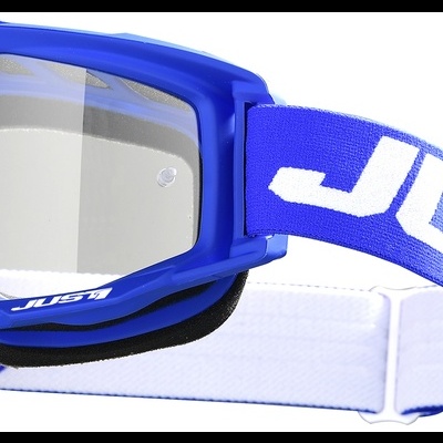 Óculos de proteção desportivos azuis com lente transparente e cinta elástica com texto