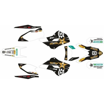 Autocolantes para mota brancos com detalhes pretos e amarelos e logótipos ROCKSTAR e HUSQVARNA